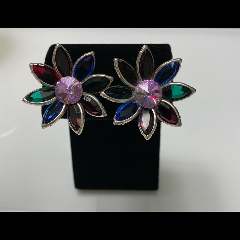 VINTAGE 1980’s MULTICOLOURED CRYSTAL FLOWER EARRINGS FOR PIERCED EARS - Picture 3 of 6